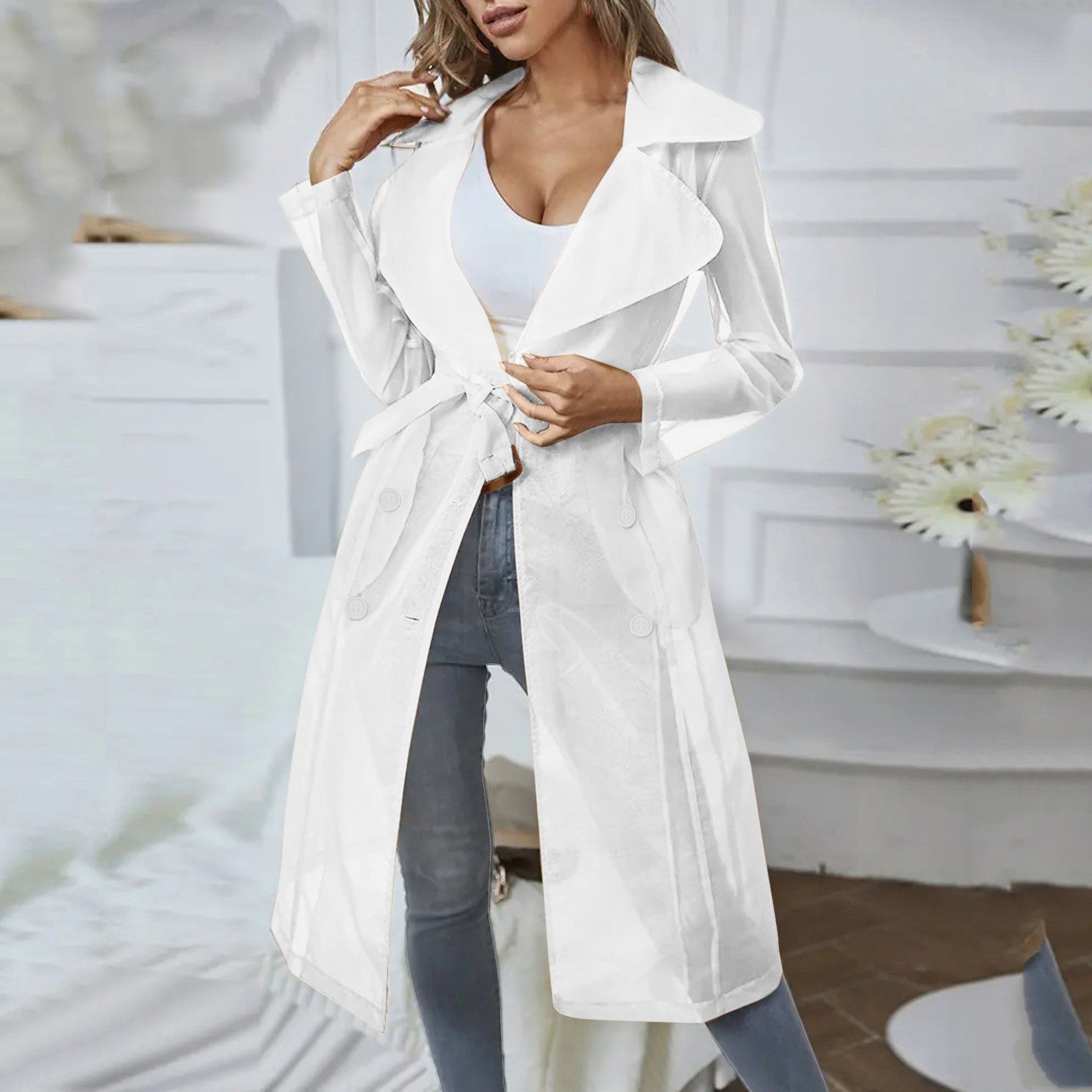 Women's Mesh Transparent Overcoat Long Sleeve Buttoned Coat With Belt - American Thistle Women's Mesh Transparent Overcoat Long Sleeve Buttoned Coat With Belt
