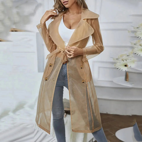 Women's Mesh Transparent Overcoat Long Sleeve Buttoned Coat With Belt - American Thistle Women's Mesh Transparent Overcoat Long Sleeve Buttoned Coat With Belt