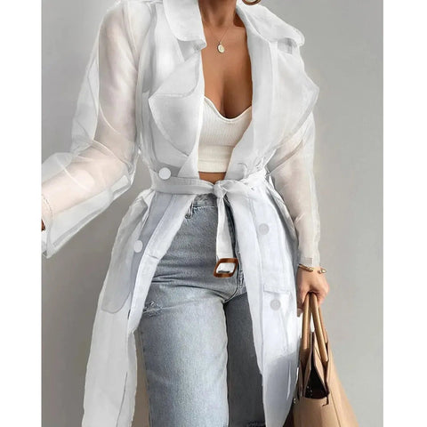 Women's Mesh Transparent Overcoat Long Sleeve Buttoned Coat With Belt - American Thistle Women's Mesh Transparent Overcoat Long Sleeve Buttoned Coat With Belt