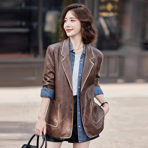 Women's New Fashion Leather Blazer Casual Elegant Business Jacket Fall Winter - American Thistle Women's New Fashion Leather Blazer Casual Elegant Business Jacket Fall Winter