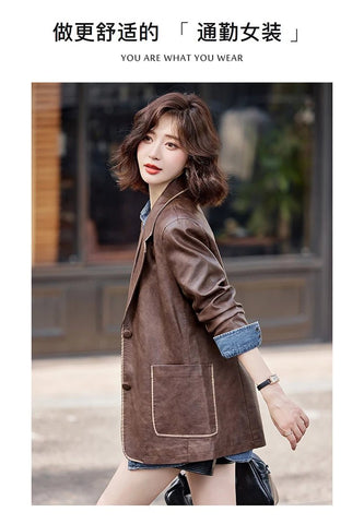 Women's New Fashion Leather Blazer Casual Elegant Business Jacket Fall Winter - American Thistle Women's New Fashion Leather Blazer Casual Elegant Business Jacket Fall Winter
