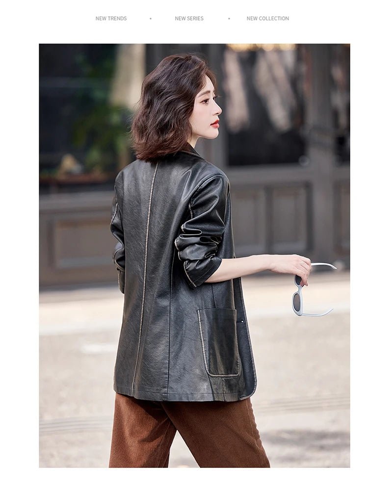Women's New Fashion Leather Blazer Casual Elegant Business Jacket Fall Winter - American Thistle Women's New Fashion Leather Blazer Casual Elegant Business Jacket Fall Winter