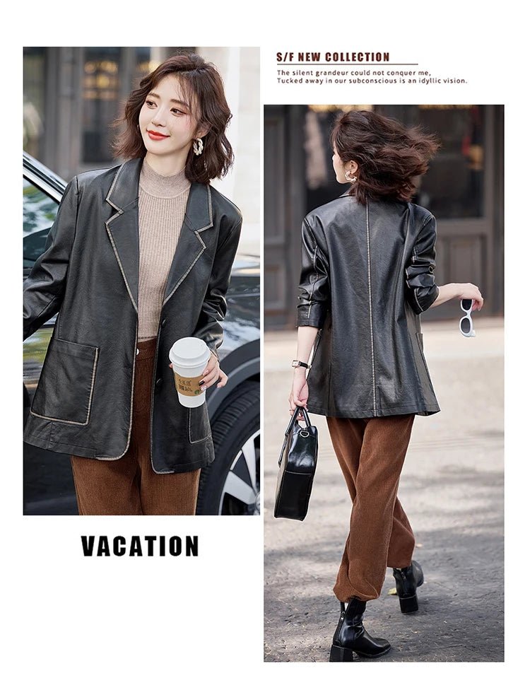 Women's New Fashion Leather Blazer Casual Elegant Business Jacket Fall Winter - American Thistle Women's New Fashion Leather Blazer Casual Elegant Business Jacket Fall Winter