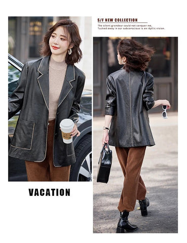 Women's New Fashion Leather Blazer Casual Elegant Business Jacket Fall Winter - American Thistle Women's New Fashion Leather Blazer Casual Elegant Business Jacket Fall Winter