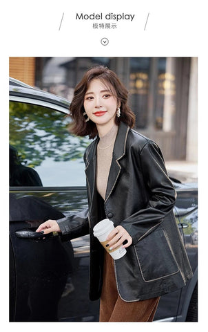 Women's New Fashion Leather Blazer Casual Elegant Business Jacket Fall Winter - American Thistle Women's New Fashion Leather Blazer Casual Elegant Business Jacket Fall Winter