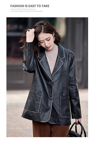 Women's New Fashion Leather Blazer Casual Elegant Business Jacket Fall Winter - American Thistle Women's New Fashion Leather Blazer Casual Elegant Business Jacket Fall Winter