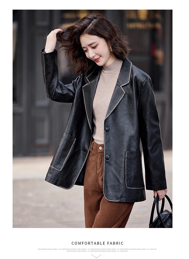 Women's New Fashion Leather Blazer Casual Elegant Business Jacket Fall Winter - American Thistle Women's New Fashion Leather Blazer Casual Elegant Business Jacket Fall Winter