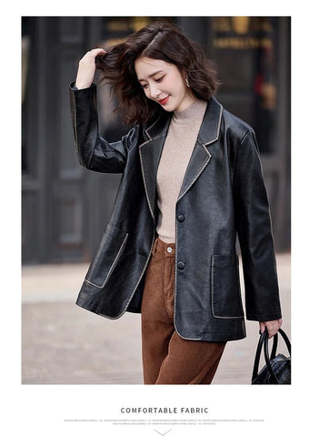 Women's New Fashion Leather Blazer Casual Elegant Business Jacket Fall Winter - American Thistle Women's New Fashion Leather Blazer Casual Elegant Business Jacket Fall Winter