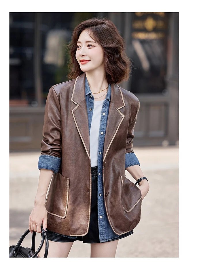 Women's New Fashion Leather Blazer Casual Elegant Business Jacket Fall Winter - American Thistle Women's New Fashion Leather Blazer Casual Elegant Business Jacket Fall Winter