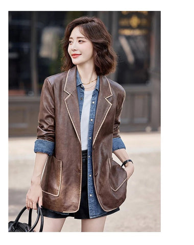 Women's New Fashion Leather Blazer Casual Elegant Business Jacket Fall Winter - American Thistle Women's New Fashion Leather Blazer Casual Elegant Business Jacket Fall Winter