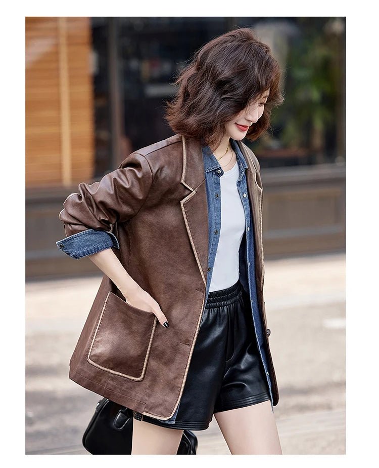 Women's New Fashion Leather Blazer Casual Elegant Business Jacket Fall Winter - American Thistle Women's New Fashion Leather Blazer Casual Elegant Business Jacket Fall Winter