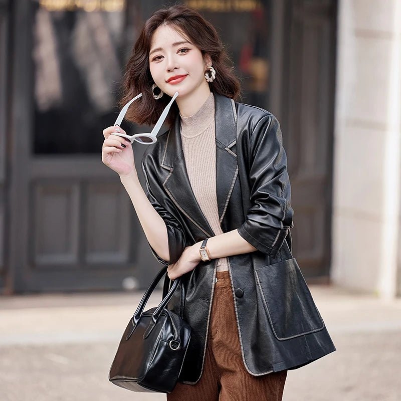 Women's New Fashion Leather Blazer Casual Elegant Business Jacket Fall Winter - American Thistle Women's New Fashion Leather Blazer Casual Elegant Business Jacket Fall Winter