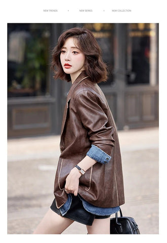 Women's New Fashion Leather Blazer Casual Elegant Business Jacket Fall Winter - American Thistle Women's New Fashion Leather Blazer Casual Elegant Business Jacket Fall Winter