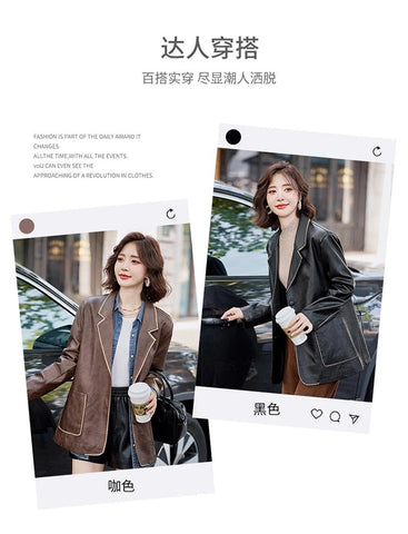 Women's New Fashion Leather Blazer Casual Elegant Business Jacket Fall Winter - American Thistle Women's New Fashion Leather Blazer Casual Elegant Business Jacket Fall Winter