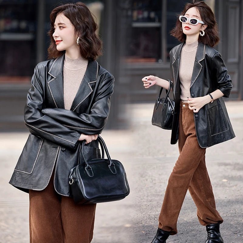Women's New Fashion Leather Blazer Casual Elegant Business Jacket Fall Winter - American Thistle Women's New Fashion Leather Blazer Casual Elegant Business Jacket Fall Winter