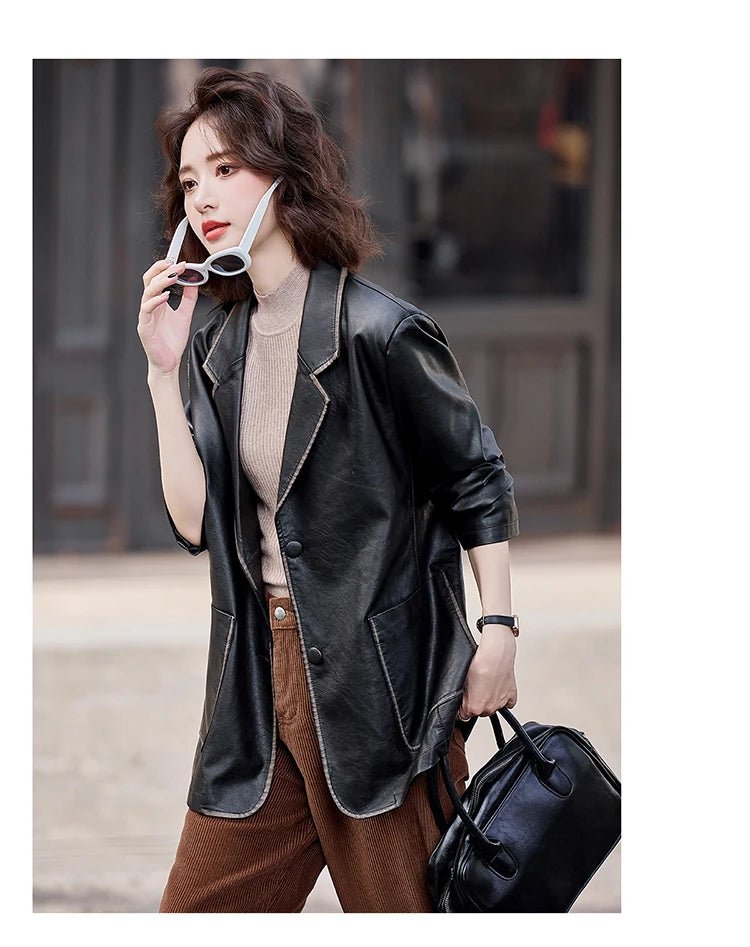 Women's New Fashion Leather Blazer Casual Elegant Business Jacket Fall Winter - American Thistle Women's New Fashion Leather Blazer Casual Elegant Business Jacket Fall Winter