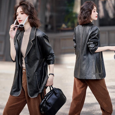 Women's New Fashion Leather Blazer Casual Elegant Business Jacket Fall Winter - American Thistle Women's New Fashion Leather Blazer Casual Elegant Business Jacket Fall Winter