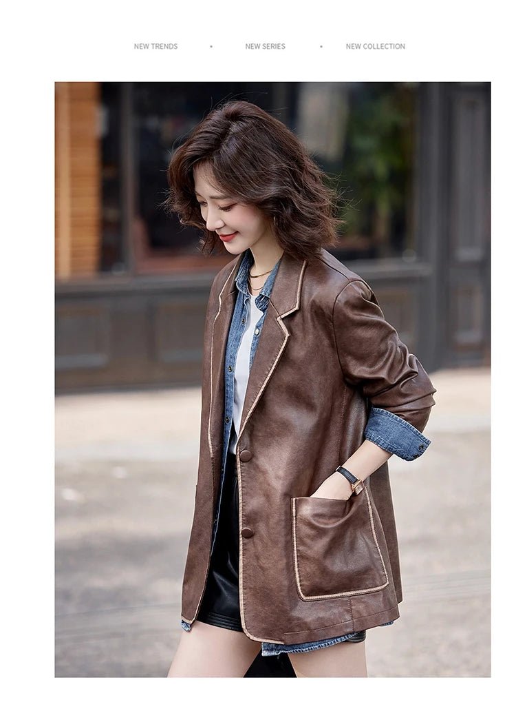 Women's New Fashion Leather Blazer Casual Elegant Business Jacket Fall Winter - American Thistle Women's New Fashion Leather Blazer Casual Elegant Business Jacket Fall Winter