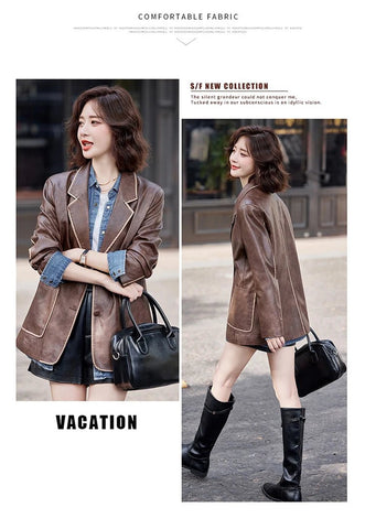 Women's New Fashion Leather Blazer Casual Elegant Business Jacket Fall Winter - American Thistle Women's New Fashion Leather Blazer Casual Elegant Business Jacket Fall Winter