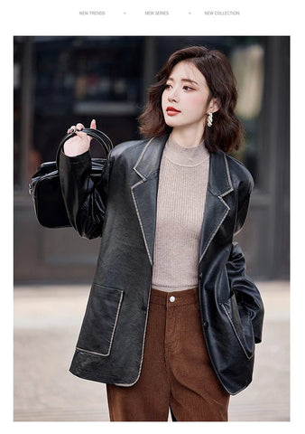 Women's New Fashion Leather Blazer Casual Elegant Business Jacket Fall Winter - American Thistle Women's New Fashion Leather Blazer Casual Elegant Business Jacket Fall Winter