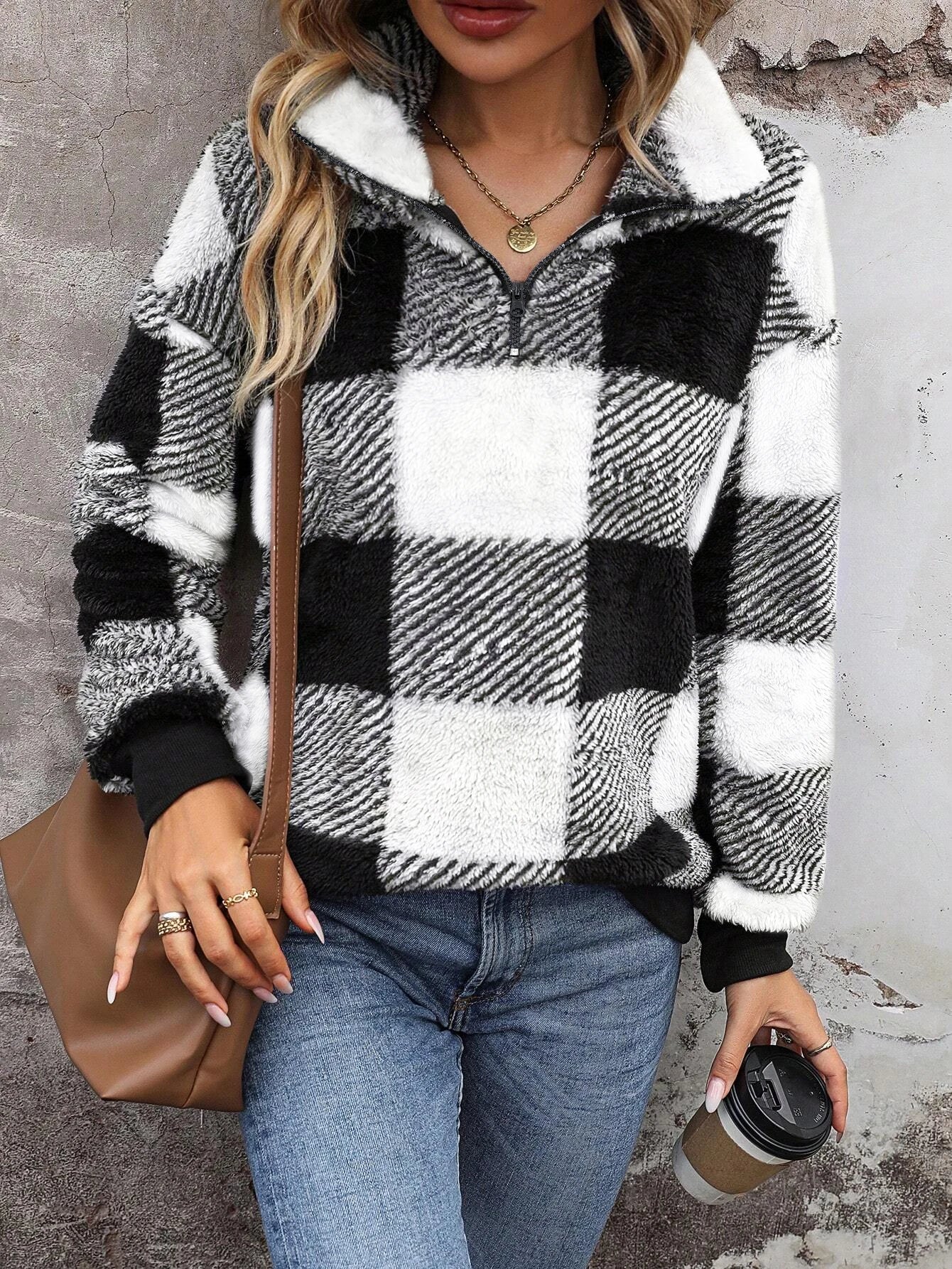 Women's Plaid Print Half Zip Drop Shoulder Fuzzy Sweatshirt, Casual Long Sleeve Collared Pullover for Fall and Winter - American Thistle Women's Plaid Print Half Zip Drop Shoulder Fuzzy Sweatshirt, Casual Long Sleeve Collared Pullover for Fall and Winter