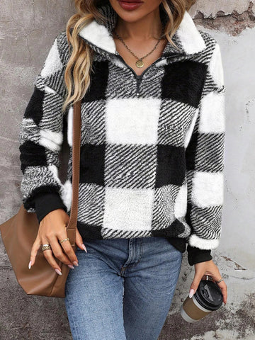 Women's Plaid Print Half Zip Drop Shoulder Fuzzy Sweatshirt, Casual Long Sleeve Collared Pullover for Fall and Winter - American Thistle Women's Plaid Print Half Zip Drop Shoulder Fuzzy Sweatshirt, Casual Long Sleeve Collared Pullover for Fall and Winter