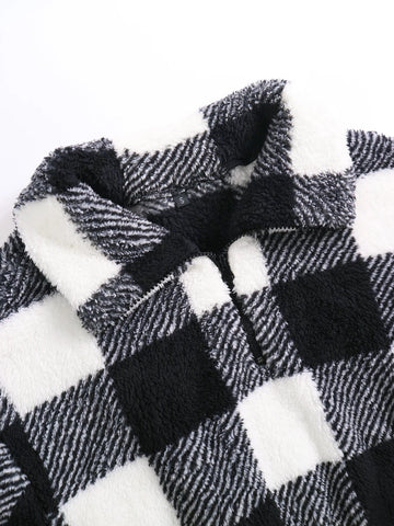 Women's Plaid Print Half Zip Drop Shoulder Fuzzy Sweatshirt, Casual Long Sleeve Collared Pullover for Fall and Winter - American Thistle Women's Plaid Print Half Zip Drop Shoulder Fuzzy Sweatshirt, Casual Long Sleeve Collared Pullover for Fall and Winter