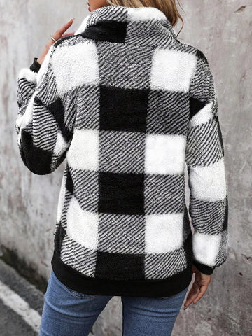 Women's Plaid Print Half Zip Drop Shoulder Fuzzy Sweatshirt, Casual Long Sleeve Collared Pullover for Fall and Winter - American Thistle Women's Plaid Print Half Zip Drop Shoulder Fuzzy Sweatshirt, Casual Long Sleeve Collared Pullover for Fall and Winter