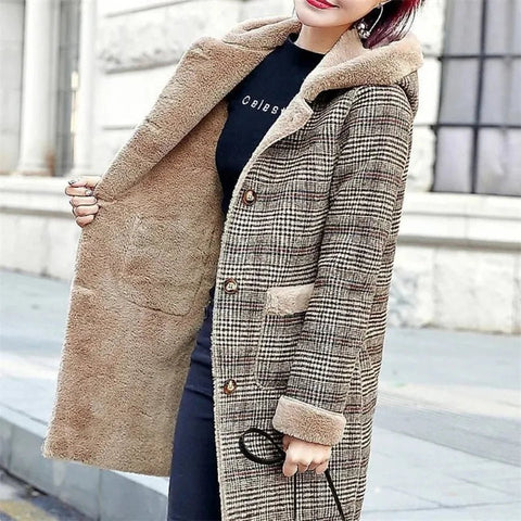 Women's Plaid Wool Coat Thick Velvet Thickened Warm Mid - Long Jackets Hooded Warm Woolen coat Ladies Winter Jacket Faux Fur Coat - American ThistleWomen's Plaid Wool Coat Thick Velvet Thickened Warm Mid - Long Jackets Hooded Warm Woolen coat Ladies Winter Jacket Faux Fur Coat