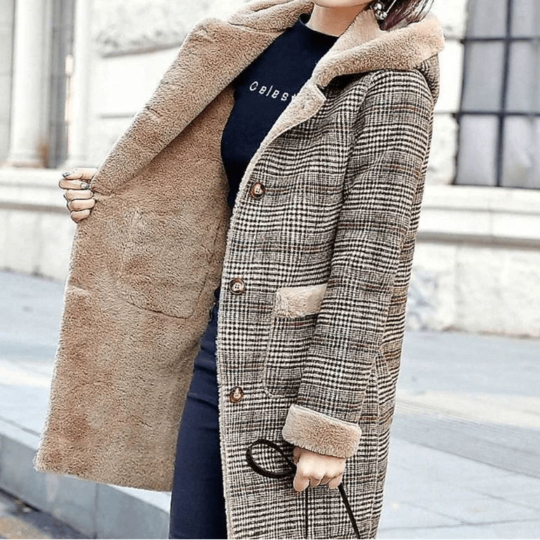 Women's Plaid Wool Coat Thick Velvet Thickened Warm Mid - Long Jackets Hooded Warm Woolen coat Ladies Winter Jacket Faux Fur Coat - American ThistleWomen's Plaid Wool Coat Thick Velvet Thickened Warm Mid - Long Jackets Hooded Warm Woolen coat Ladies Winter Jacket Faux Fur Coat