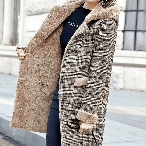 Women's Plaid Wool Coat Thick Velvet Thickened Warm Mid - Long Jackets Hooded Warm Woolen coat Ladies Winter Jacket Faux Fur Coat - American ThistleWomen's Plaid Wool Coat Thick Velvet Thickened Warm Mid - Long Jackets Hooded Warm Woolen coat Ladies Winter Jacket Faux Fur Coat