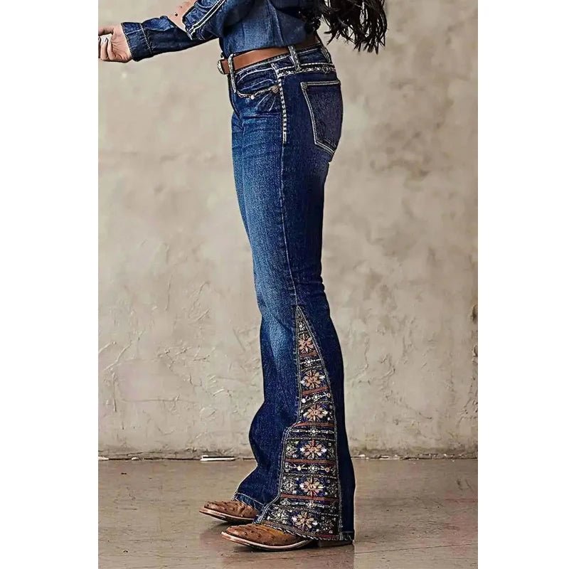 Women's Printed Paisley Hem Bootcut Jeans, Elegant Printed Pants - American Thistle Women's Printed Paisley Hem Bootcut Jeans, Elegant Printed Pants
