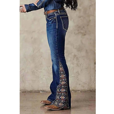 Women's Printed Paisley Hem Bootcut Jeans, Elegant Printed Pants - American Thistle Women's Printed Paisley Hem Bootcut Jeans, Elegant Printed Pants