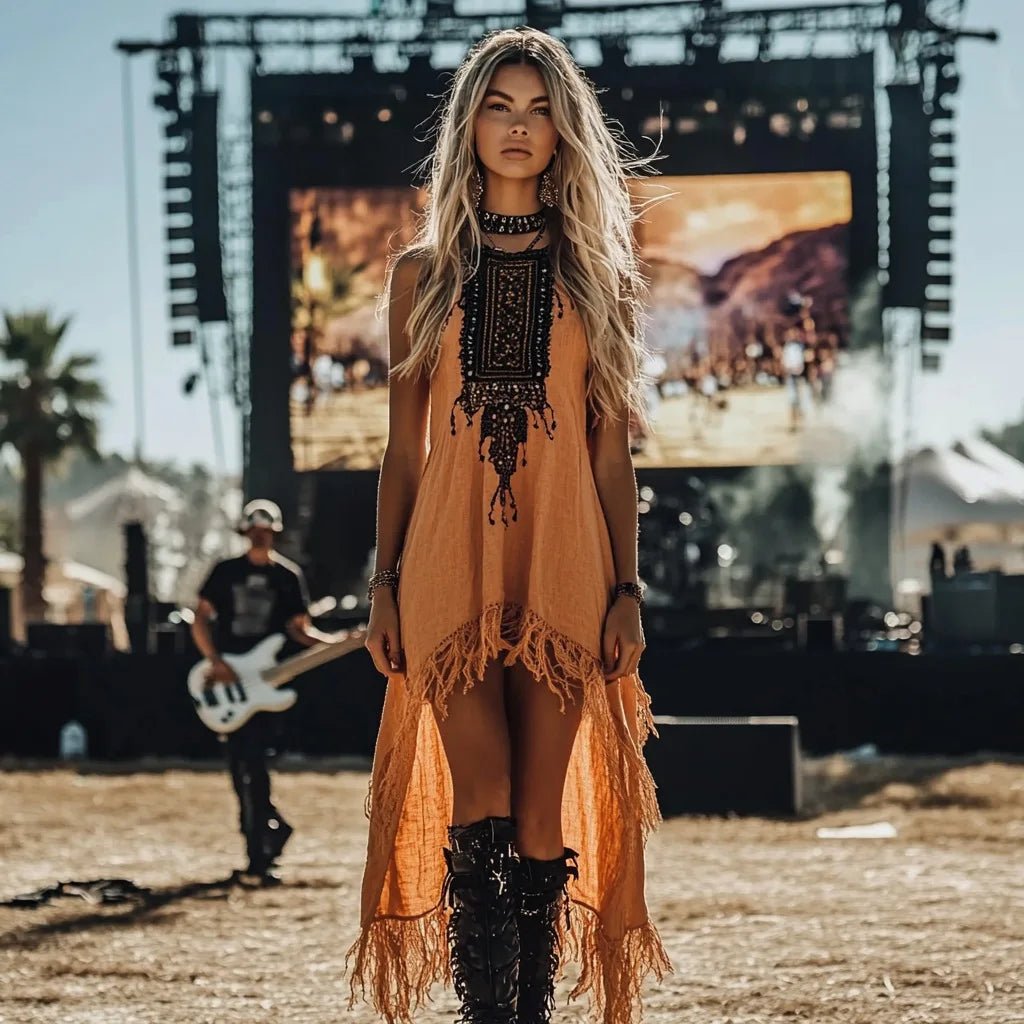 Women's Retro Western Cowboy Style Casual Splicing Tassel Dress Summer Fashion Round Neck Irregular Dress For Women - American Thistle Women's Retro Western Cowboy Style Casual Splicing Tassel Dress Summer Fashion Round Neck Irregular Dress For Women