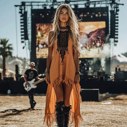 Women's Retro Western Cowboy Style Casual Splicing Tassel Dress Summer Fashion Round Neck Irregular Dress For Women - American Thistle Women's Retro Western Cowboy Style Casual Splicing Tassel Dress Summer Fashion Round Neck Irregular Dress For Women