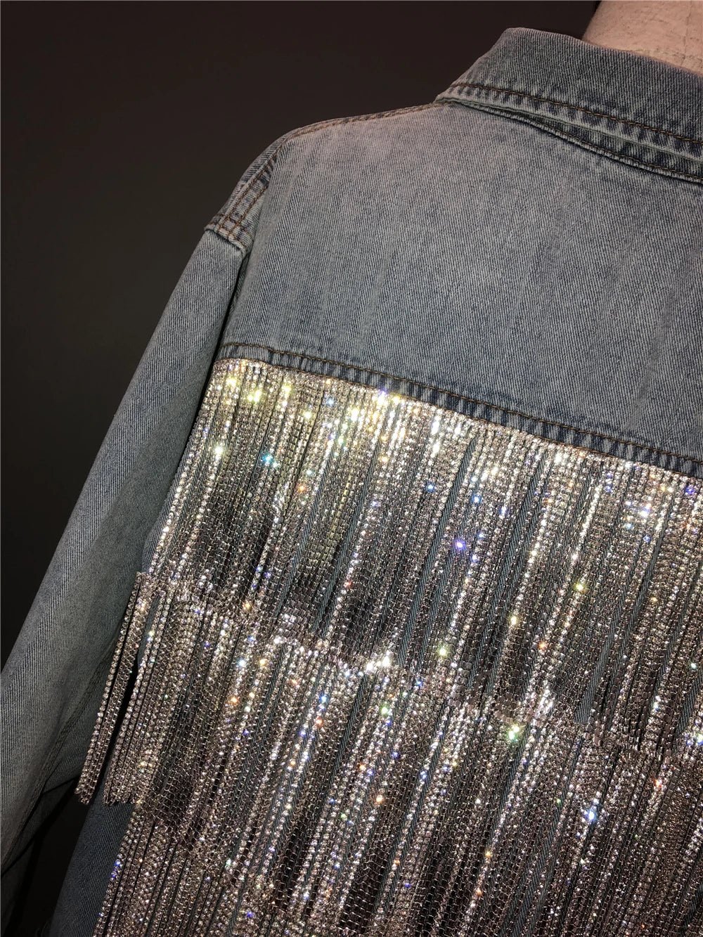 Women's Rhinestones Tassels Denim Coat Loose Diamonds Beaded Fringed Jeans Jacket Bomber Cowboy - American Thistle Women's Rhinestones Tassels Denim Coat Loose Diamonds Beaded Fringed Jeans Jacket Bomber Cowboy