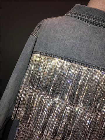 Women's Rhinestones Tassels Denim Coat Loose Diamonds Beaded Fringed Jeans Jacket Bomber Cowboy - American Thistle Women's Rhinestones Tassels Denim Coat Loose Diamonds Beaded Fringed Jeans Jacket Bomber Cowboy