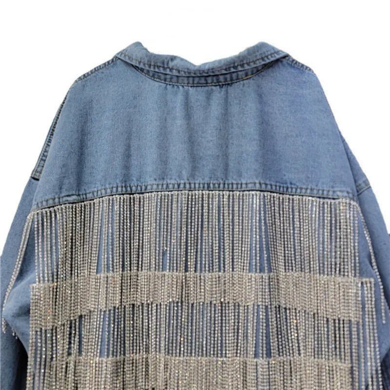 Women's Rhinestones Tassels Denim Coat Loose Diamonds Beaded Fringed Jeans Jacket Bomber Cowboy - American Thistle Women's Rhinestones Tassels Denim Coat Loose Diamonds Beaded Fringed Jeans Jacket Bomber Cowboy