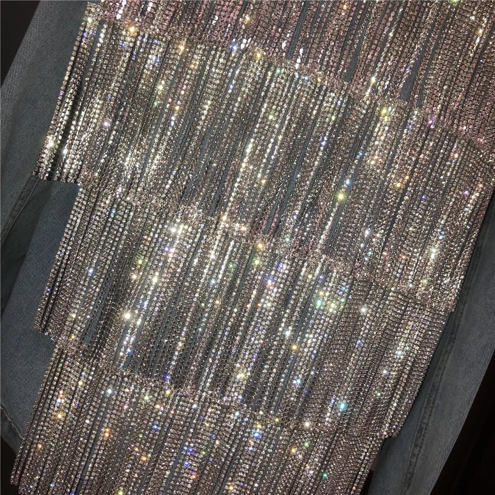 Women's Rhinestones Tassels Denim Coat Loose Diamonds Beaded Fringed Jeans Jacket Bomber Cowboy - American Thistle Women's Rhinestones Tassels Denim Coat Loose Diamonds Beaded Fringed Jeans Jacket Bomber Cowboy