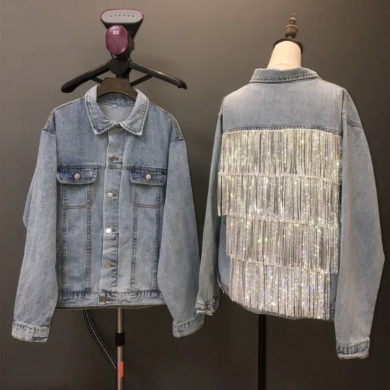 Women's Rhinestones Tassels Denim Coat Loose Diamonds Beaded Fringed Jeans Jacket Bomber Cowboy - American Thistle Women's Rhinestones Tassels Denim Coat Loose Diamonds Beaded Fringed Jeans Jacket Bomber Cowboy