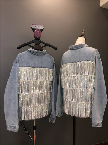 Women's Rhinestones Tassels Denim Coat Loose Diamonds Beaded Fringed Jeans Jacket Bomber Cowboy - American Thistle Women's Rhinestones Tassels Denim Coat Loose Diamonds Beaded Fringed Jeans Jacket Bomber Cowboy