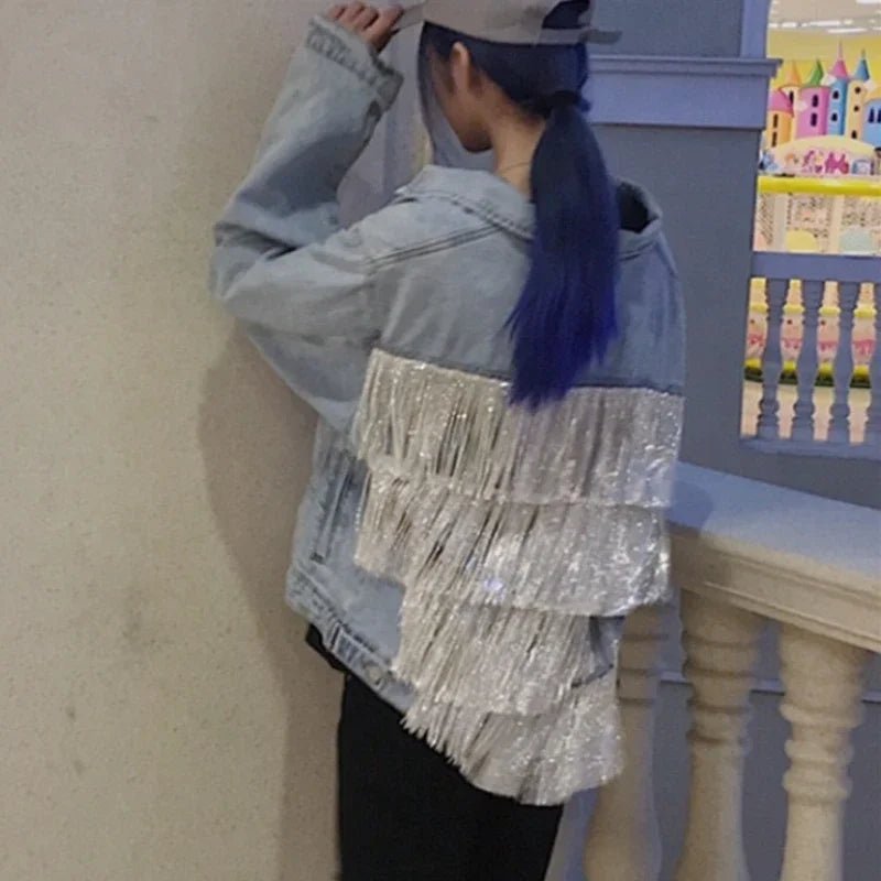 Women's Rhinestones Tassels Denim Coat Loose Diamonds Beaded Fringed Jeans Jacket Bomber Cowboy - American Thistle Women's Rhinestones Tassels Denim Coat Loose Diamonds Beaded Fringed Jeans Jacket Bomber Cowboy