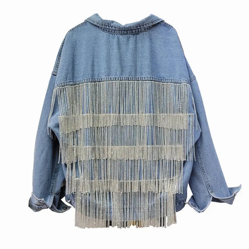 Women's Rhinestones Tassels Denim Coat Loose Diamonds Beaded Fringed Jeans Jacket Bomber Cowboy - American Thistle Women's Rhinestones Tassels Denim Coat Loose Diamonds Beaded Fringed Jeans Jacket Bomber Cowboy