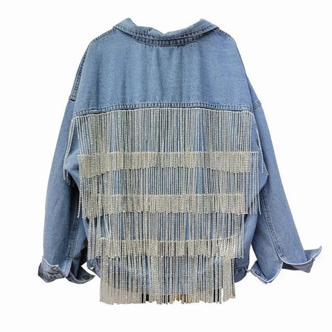 Women's Rhinestones Tassels Denim Coat Loose Diamonds Beaded Fringed Jeans Jacket Bomber Cowboy - American Thistle Women's Rhinestones Tassels Denim Coat Loose Diamonds Beaded Fringed Jeans Jacket Bomber Cowboy