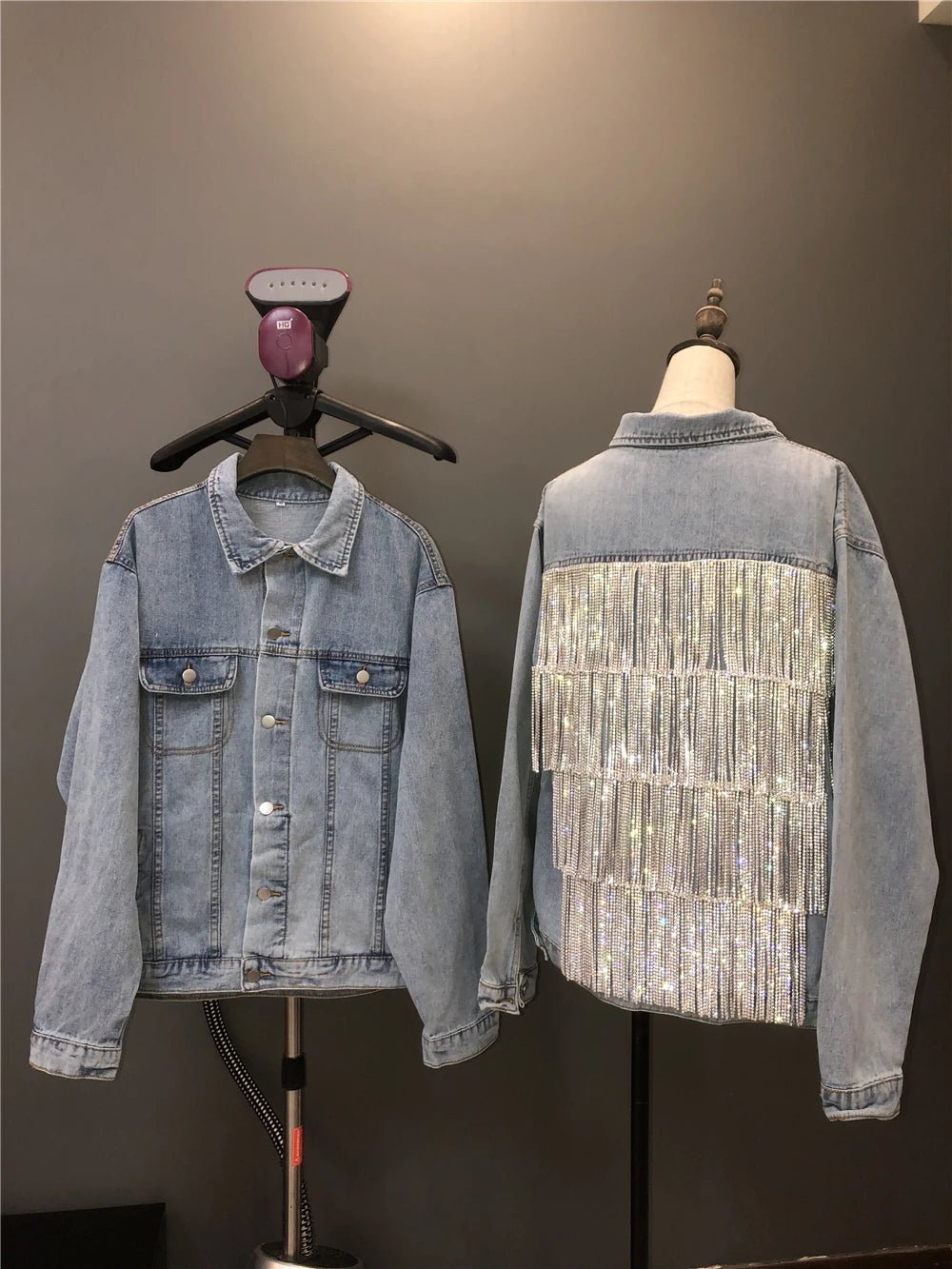 Women's Rhinestones Tassels Denim Coat Loose Diamonds Beaded Fringed Jeans Jacket Bomber Cowboy - American Thistle Women's Rhinestones Tassels Denim Coat Loose Diamonds Beaded Fringed Jeans Jacket Bomber Cowboy