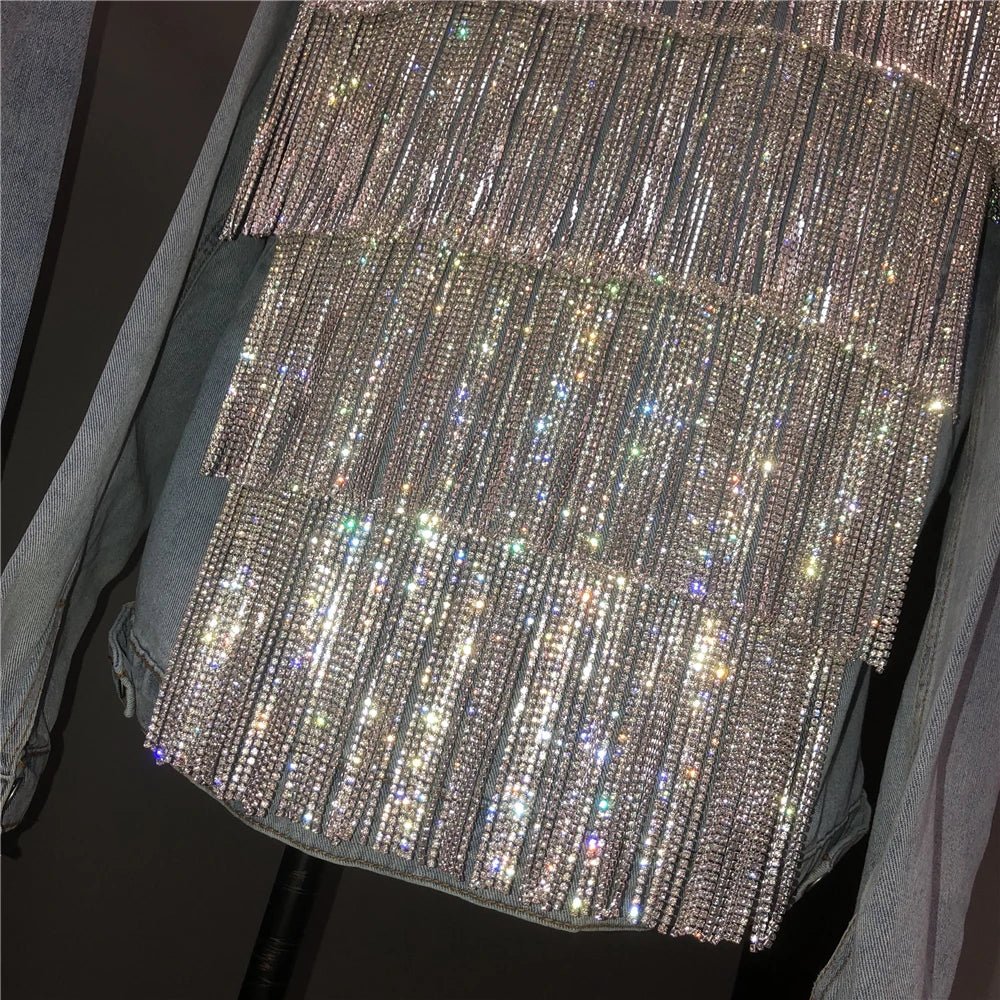 Women's Rhinestones Tassels Denim Coat Loose Diamonds Beaded Fringed Jeans Jacket Bomber Cowboy - American Thistle Women's Rhinestones Tassels Denim Coat Loose Diamonds Beaded Fringed Jeans Jacket Bomber Cowboy