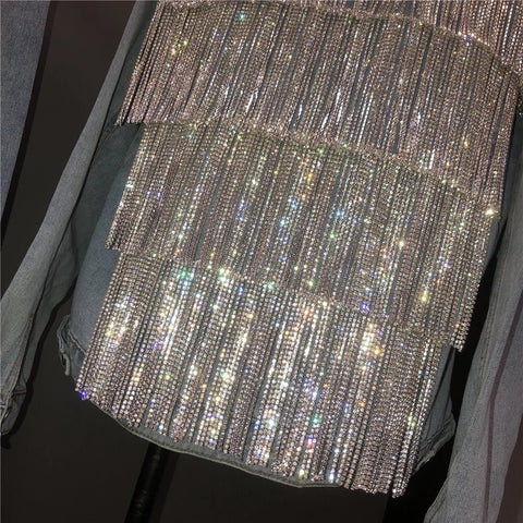 Women's Rhinestones Tassels Denim Coat Loose Diamonds Beaded Fringed Jeans Jacket Bomber Cowboy - American Thistle Women's Rhinestones Tassels Denim Coat Loose Diamonds Beaded Fringed Jeans Jacket Bomber Cowboy