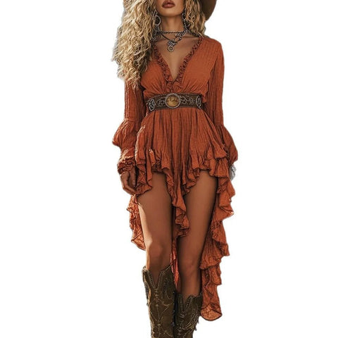 Women's Ruffled Floral Tassel Retro Solid Dress - American Thistle Women's Ruffled Floral Tassel Retro Solid Dress