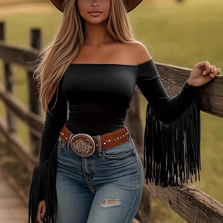 Women's Sexy Long Sleeve Country Western Off the Shoulder Top with Tassels - American Thistle Women's Sexy Long Sleeve Country Western Off the Shoulder Top with Tassels