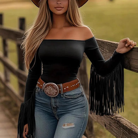 Women's Sexy Long Sleeve Country Western Off the Shoulder Top with Tassels - American Thistle Women's Sexy Long Sleeve Country Western Off the Shoulder Top with Tassels